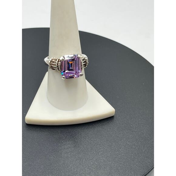 Designer 925 Sterling Silver Large Rectangle Cut Purple Blue Prong CZ Ring Sz 9 - Picture 4 of 11